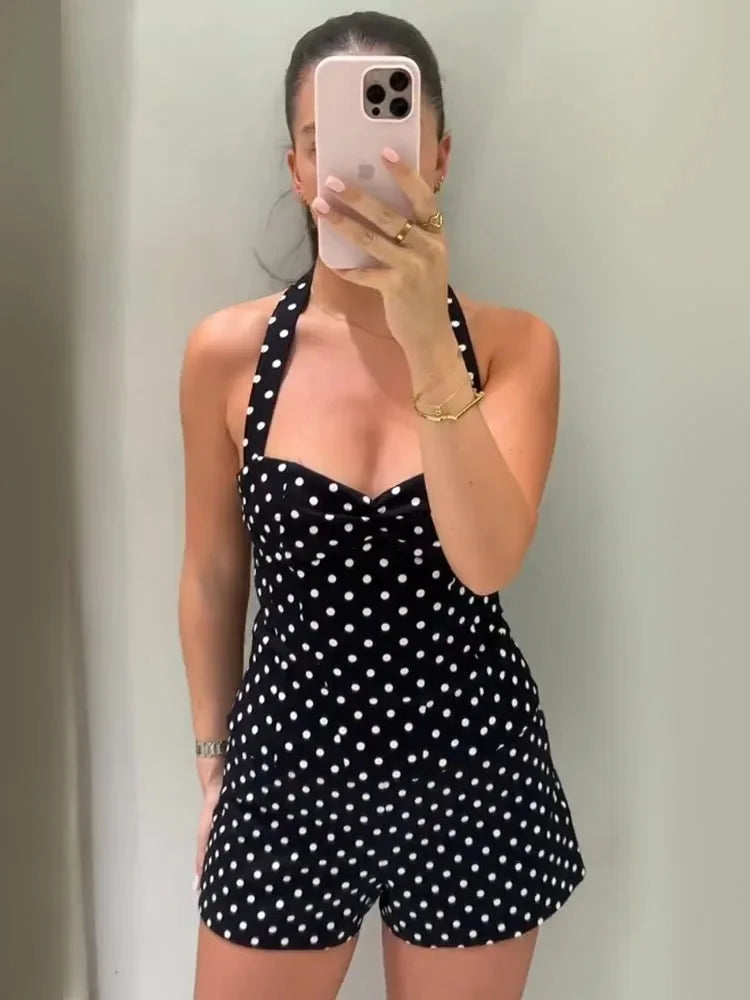 Conjunto shorts + top halter, estampa poá, costas abertas