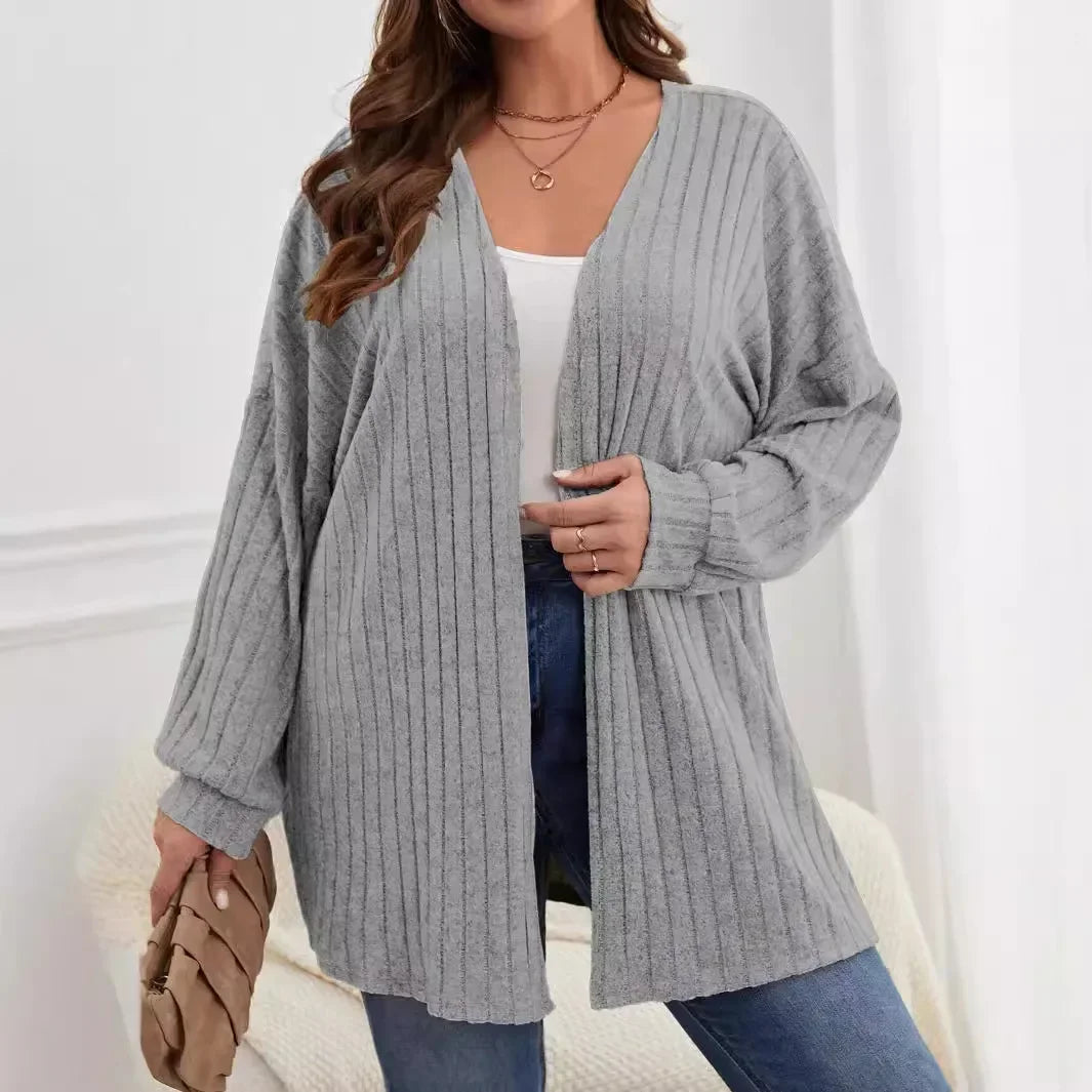 Cardigan plus size, cor sólida, solto, manga comprida
