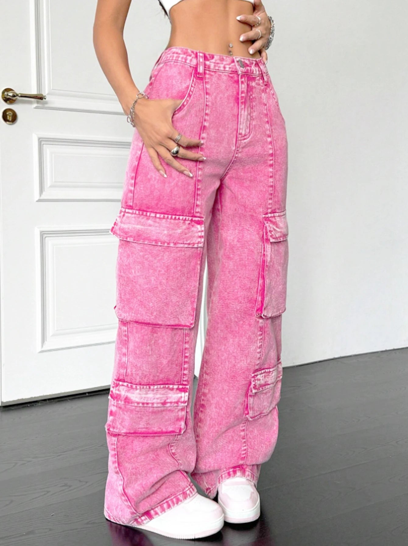 Calça jeans rosa, algodão, larga e solta, Y2K múltiplos bolsos