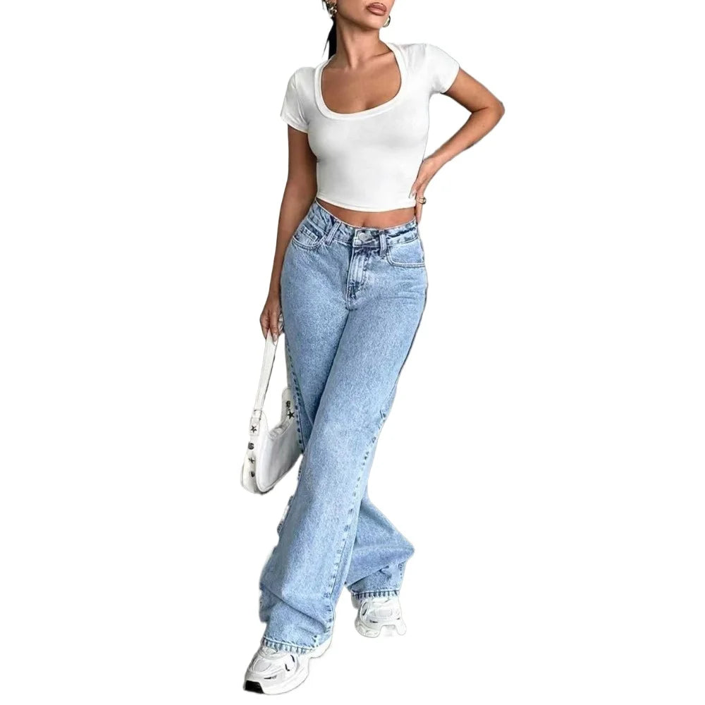 Calça jeans folgada, cintura alta, estética Y2K