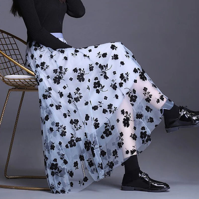 Saia de tule midi, floral, elegante, estilo coreano