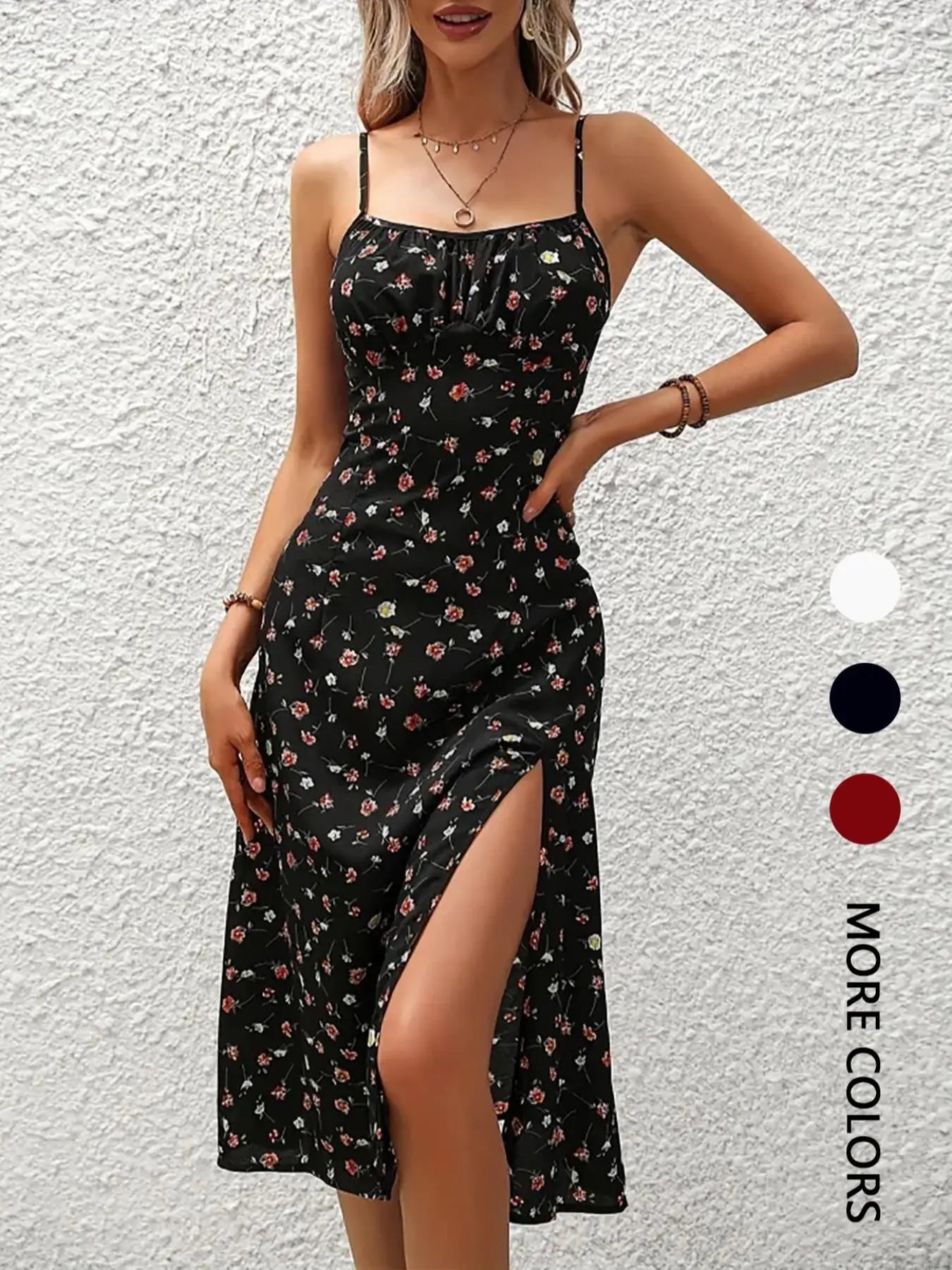 Vestido longo floral assimétrico, bainha boêmia, sem mangas, midi
