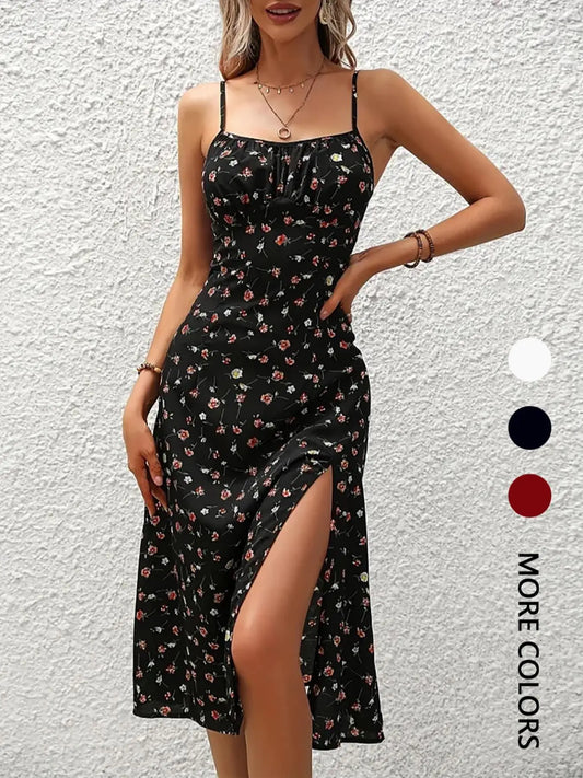 Vestido longo floral assimétrico, bainha boêmia, sem mangas, midi