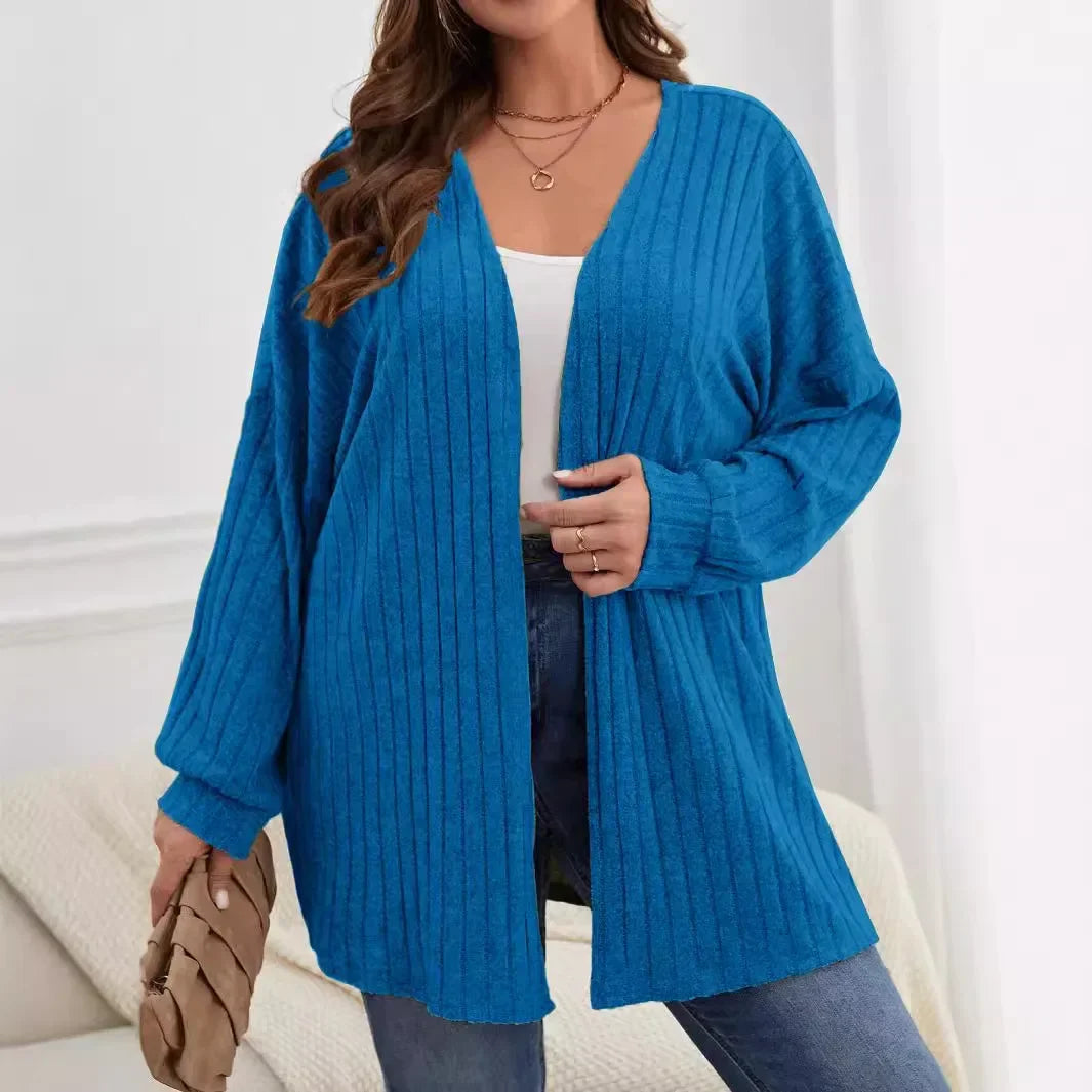 Cardigan plus size, cor sólida, solto, manga comprida