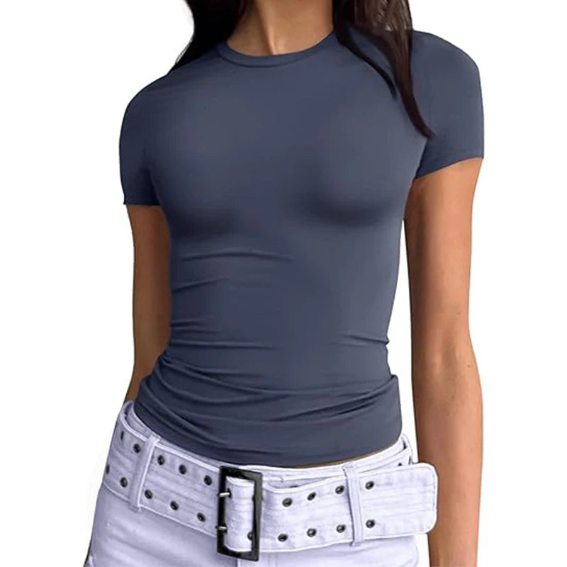 Camiseta esportiva básica, fitness/yoga, manga curta, slim