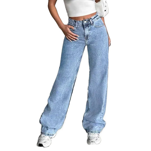 Calça jeans folgada, cintura alta, estética Y2K