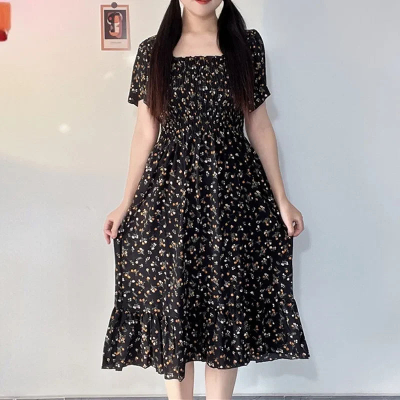 Vestido chiffon estampado, cintura elástica, manga curta