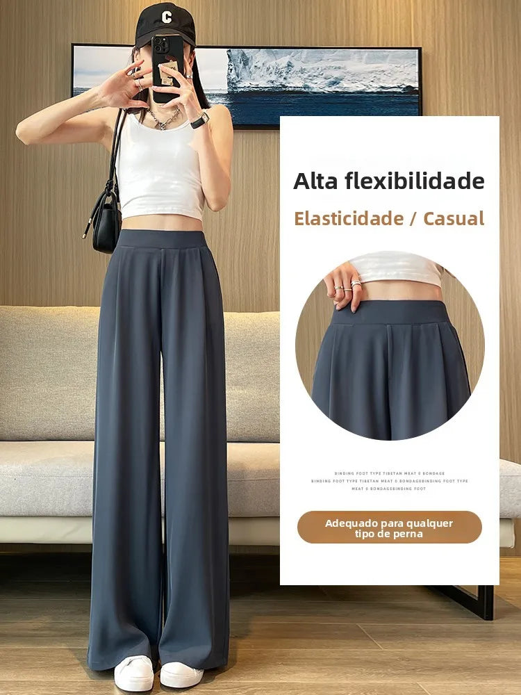 Calça perna larga 7/8, cintura alta, corte reto