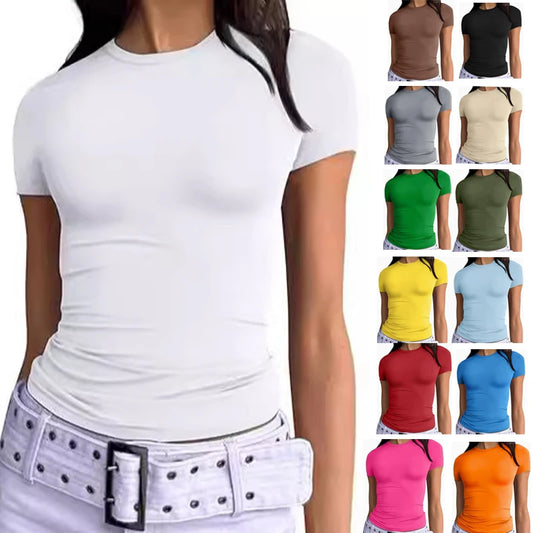 Camiseta esportiva básica, fitness/yoga, manga curta, slim