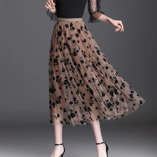 Saia de tule midi, floral, elegante, estilo coreano