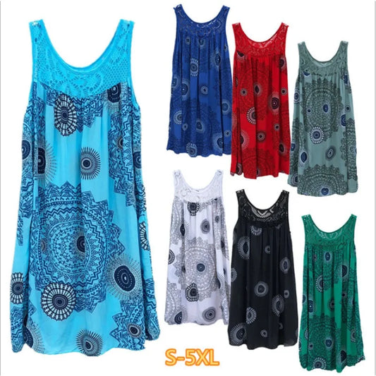 Vestido camisola renda, sem mangas, balanço solto, verão