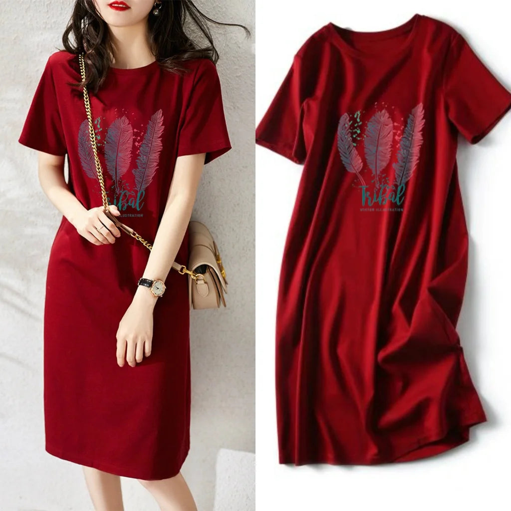 Vestido gola redonda estampado, estilo coreano casual, verão