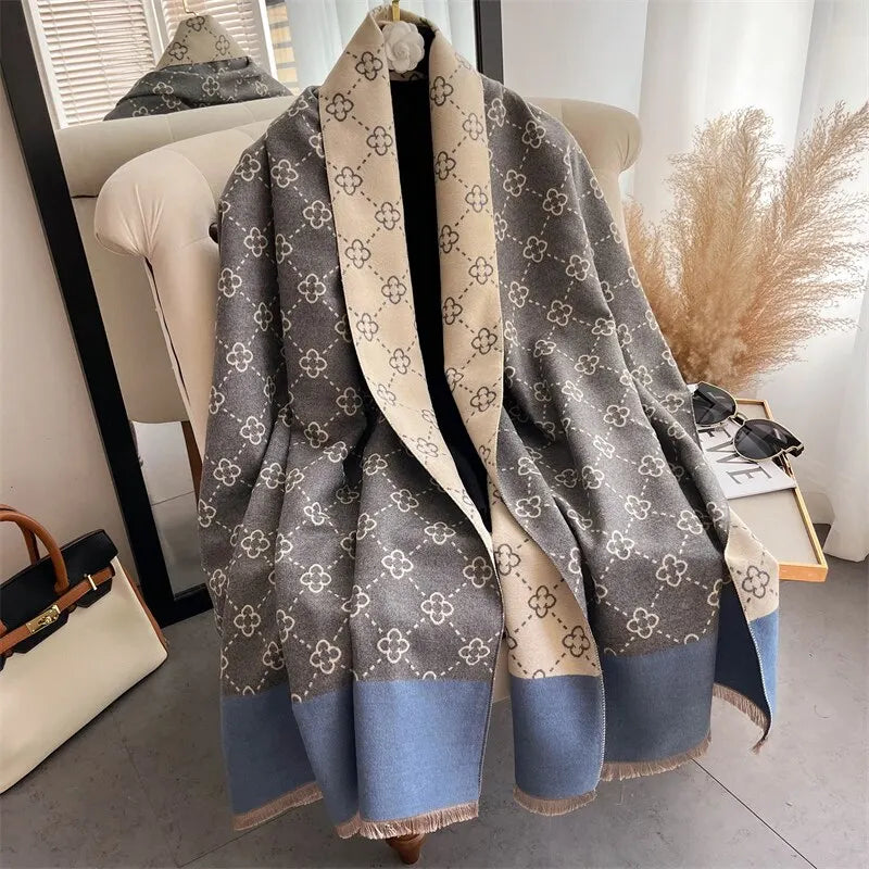 Poncho de inverno, xale floral quente, estilo cashmere