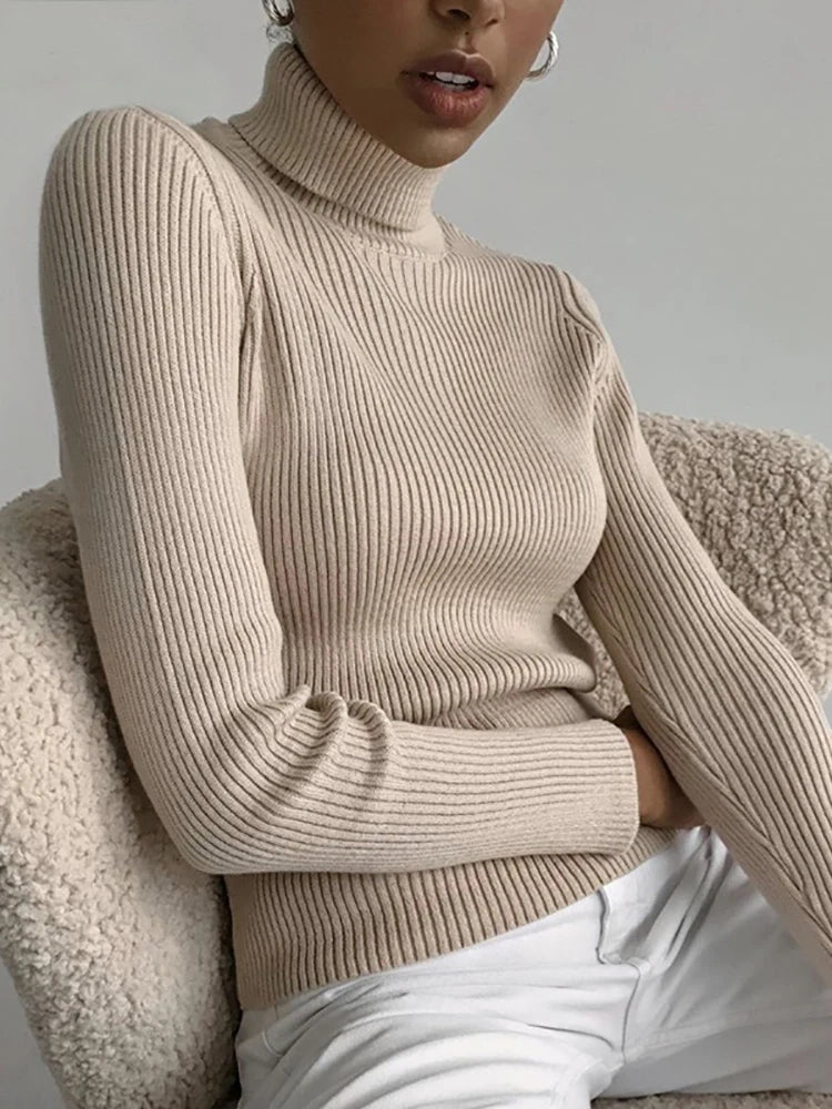 Suéter feminino gola alta, tricô macio, outono