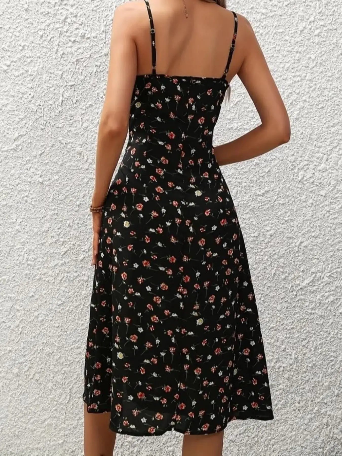 Vestido longo floral assimétrico, bainha boêmia, sem mangas, midi