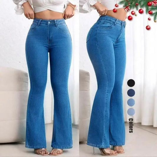 Calça jeans cintura alta, barra larga, denim micro algodão