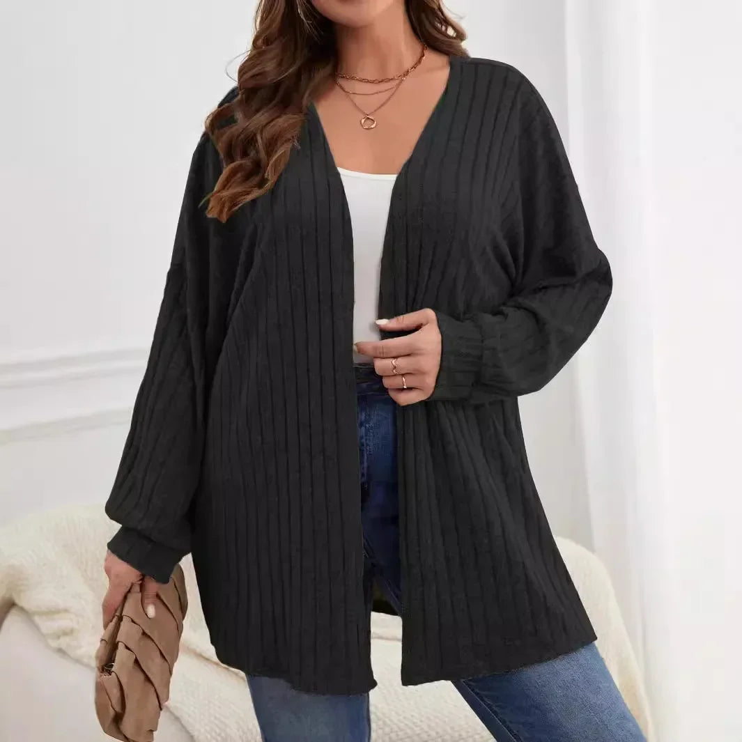 Cardigan plus size, cor sólida, solto, manga comprida