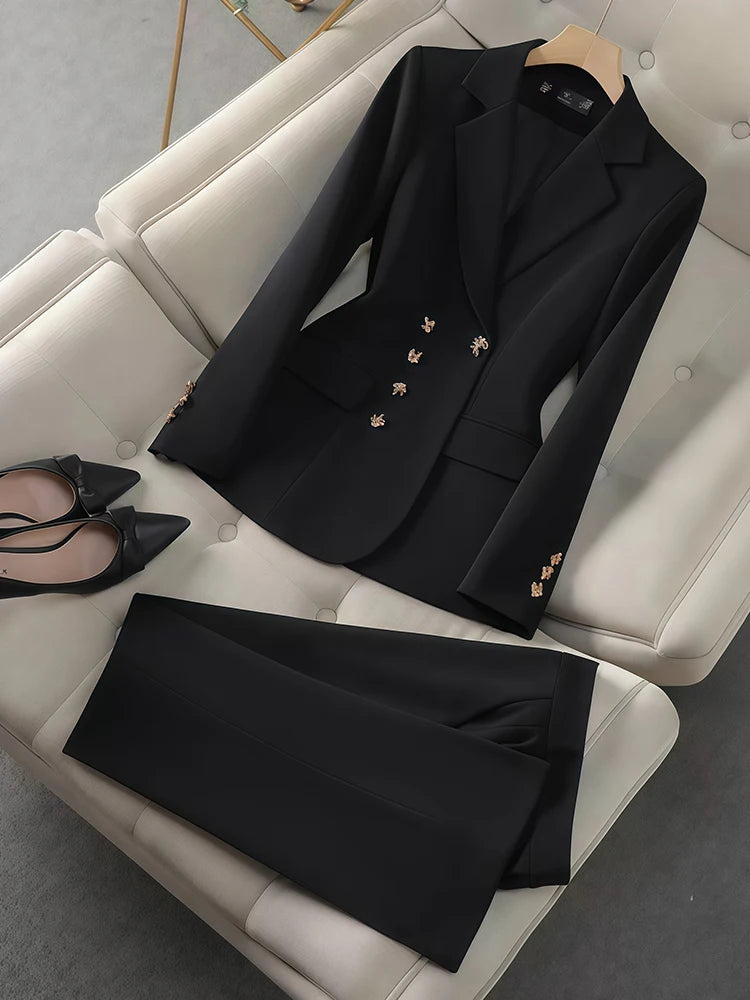 Conjunto blazer manga longa + calça slim, roupas de trabalho
