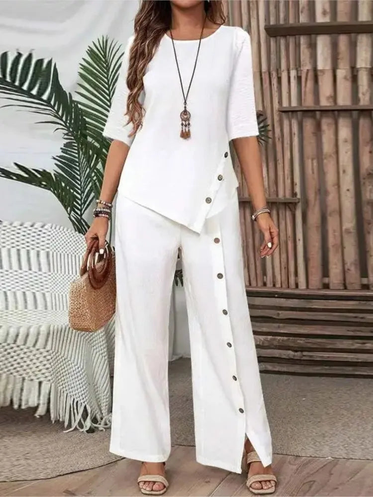 Conjunto camisa botão + calça barra irregular, verão