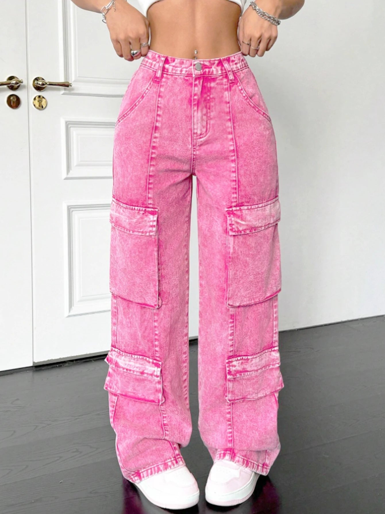 Calça jeans rosa, algodão, larga e solta, Y2K múltiplos bolsos