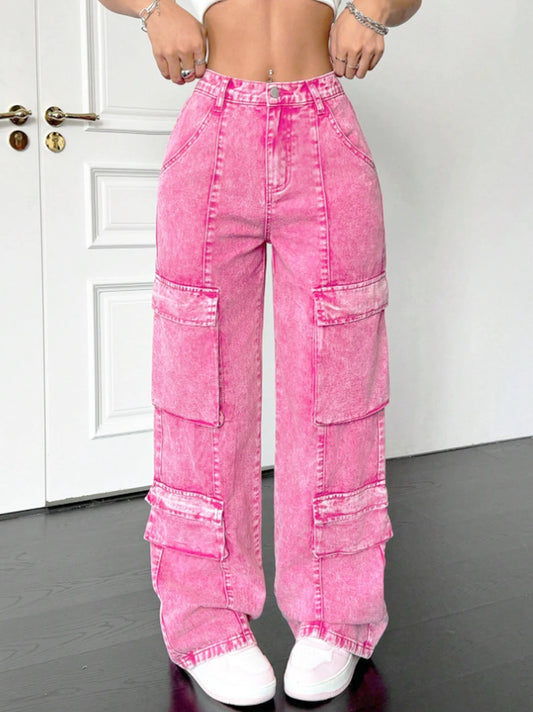 Calça jeans rosa, algodão, larga e solta, Y2K múltiplos bolsos