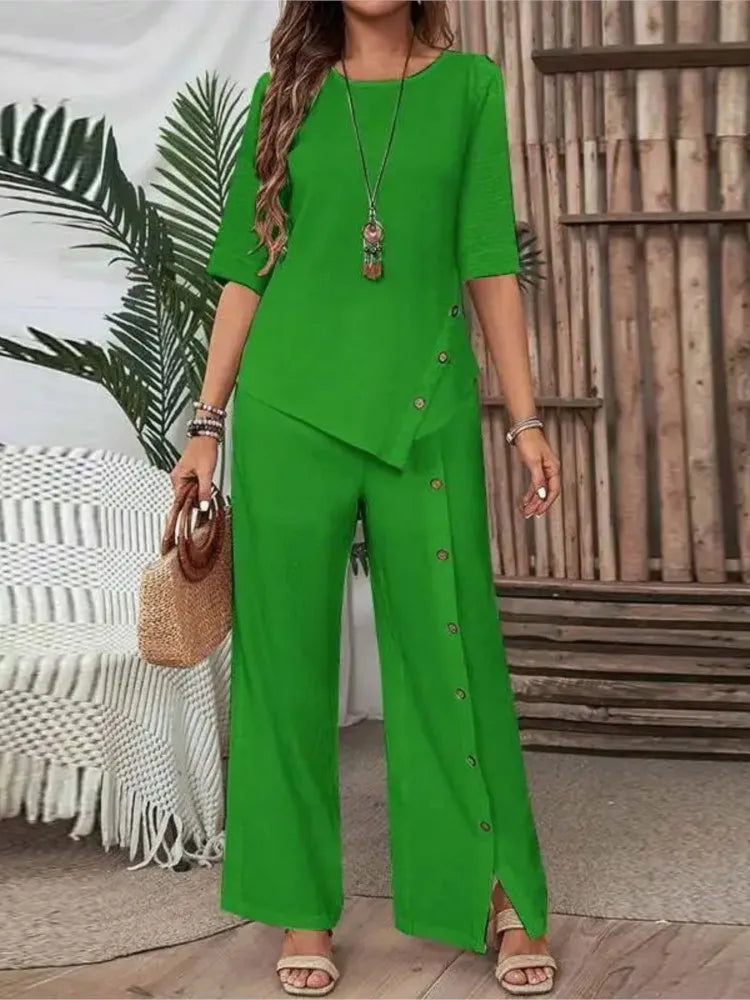 Conjunto camisa botão + calça barra irregular, verão
