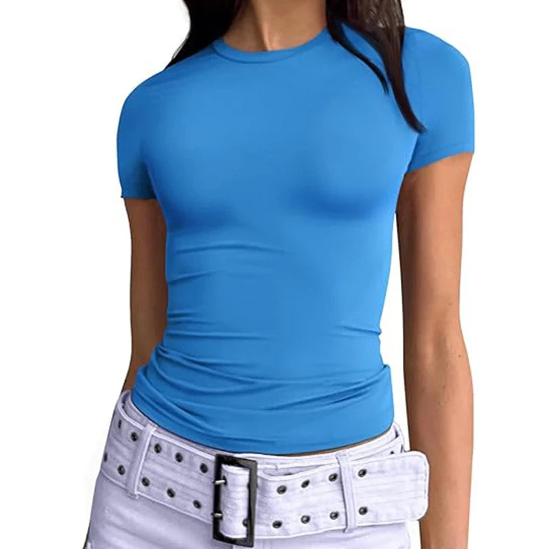 Camiseta esportiva básica, fitness/yoga, manga curta, slim