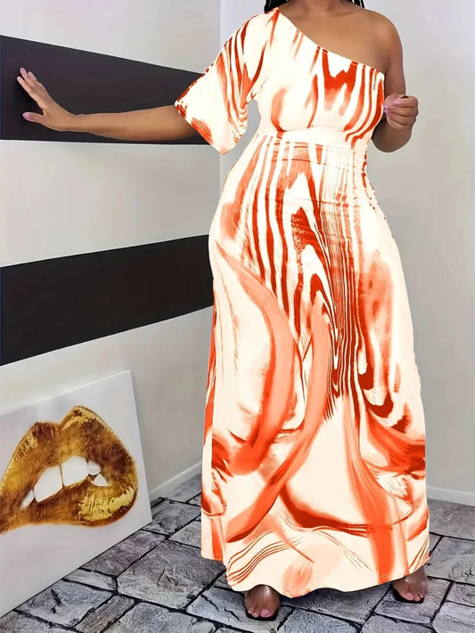 Vestido longo plus size, estampa, manga única, ombro
