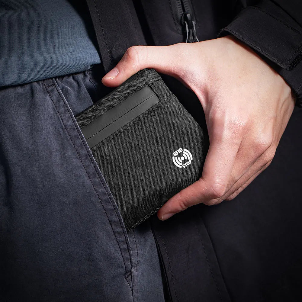 Carteira mini com zíper RFID, porta-cartão compacta