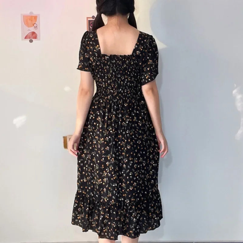 Vestido chiffon estampado, cintura elástica, manga curta