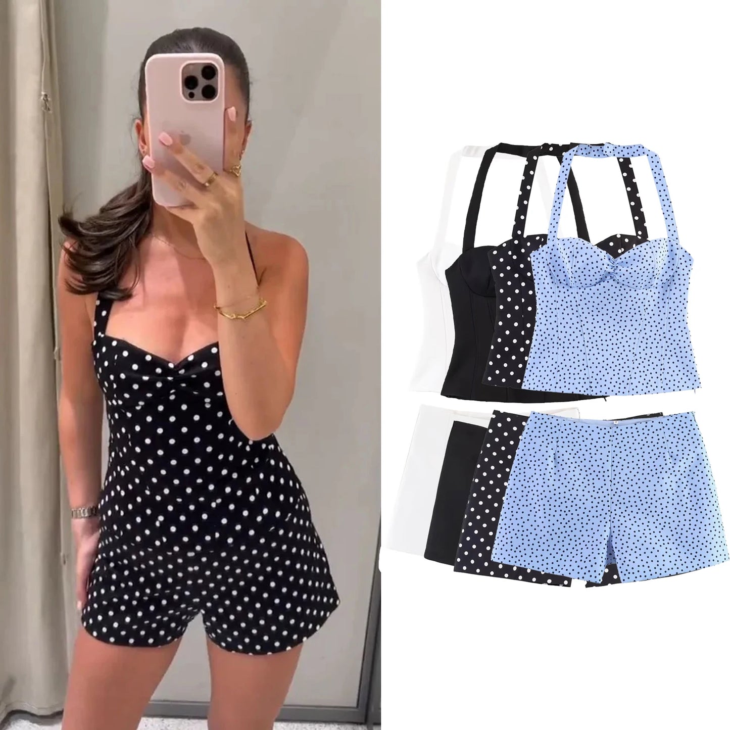 Conjunto shorts + top halter, estampa poá, costas abertas