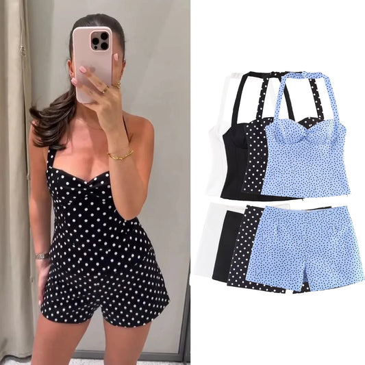 Conjunto shorts + top halter, estampa poá, costas abertas