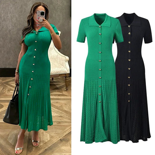 Vestido maxi malha, gola turn-down, vintage, single-breasted