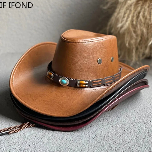 Chapéu cowboy couro sintético, ocidental, vintage