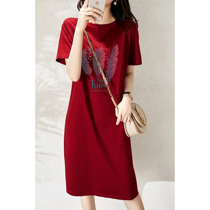 Vestido gola redonda estampado, estilo coreano casual, verão