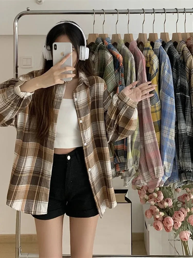 Camisa xadrez feminina, manga longa, vintage, botão único