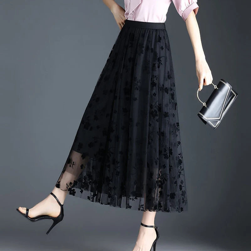 Saia de tule midi, floral, elegante, estilo coreano