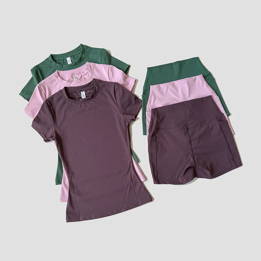 Conjunto de yoga sem costura, fitness, manga curta