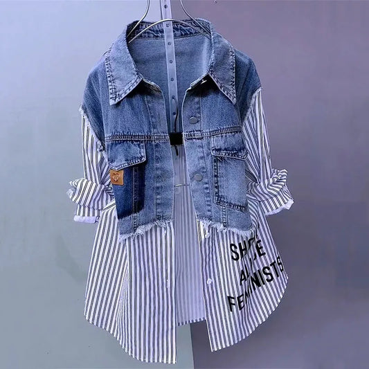 Camisa jeans emenda, primavera/outono, coreano casual