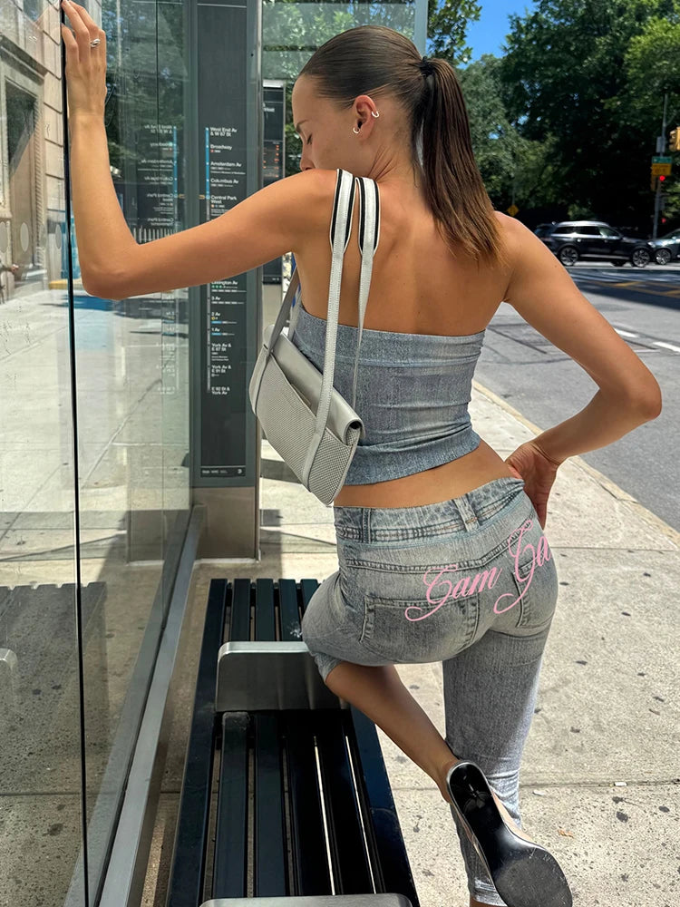 Conjunto jeans sintético, top cropped sem costas + calça
