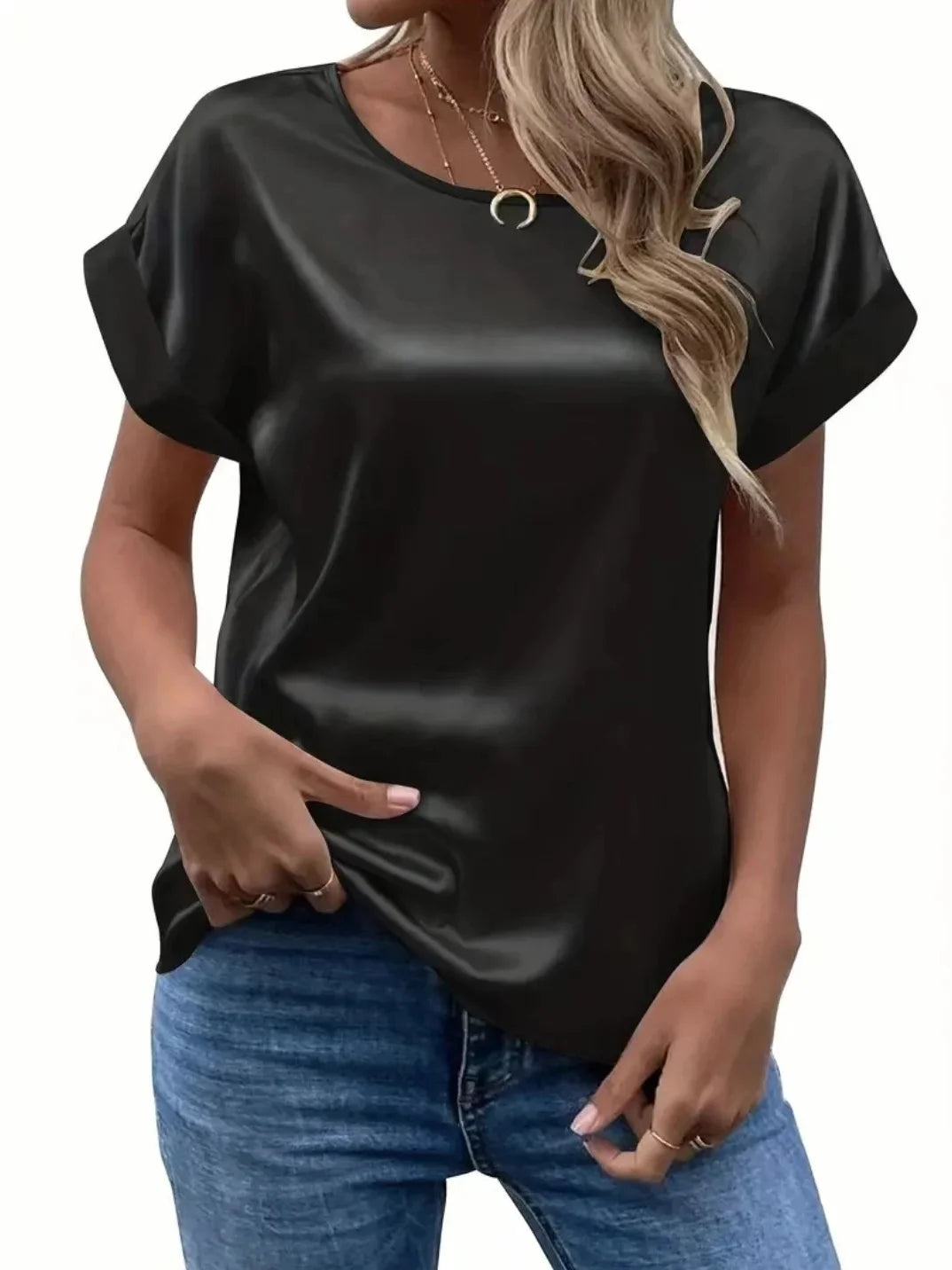 Blusa de cetim, manga tipo morcego, gola O, casual