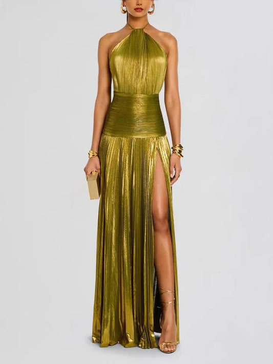 Vestido formal sem mangas, sem costas, faixa, decote halter
