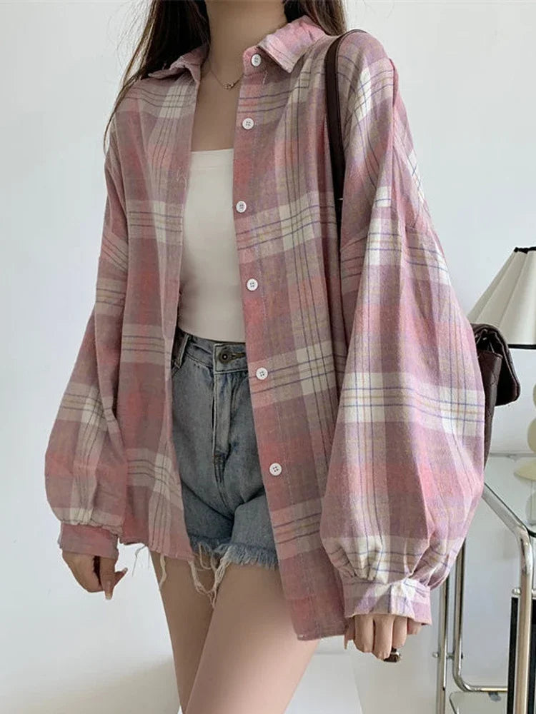 Camisa xadrez feminina, manga longa, vintage, botão único