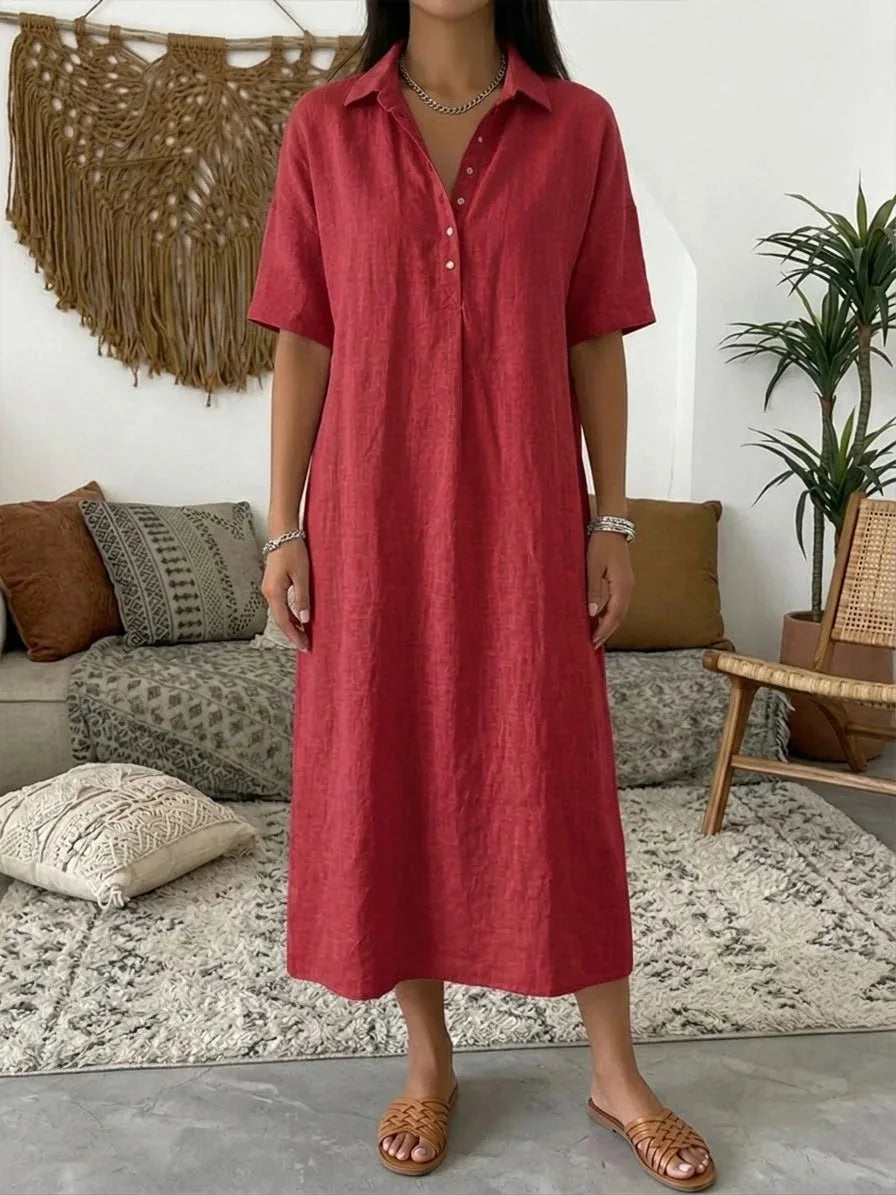 Vestido de linho gola polo, manga curta, corte reto