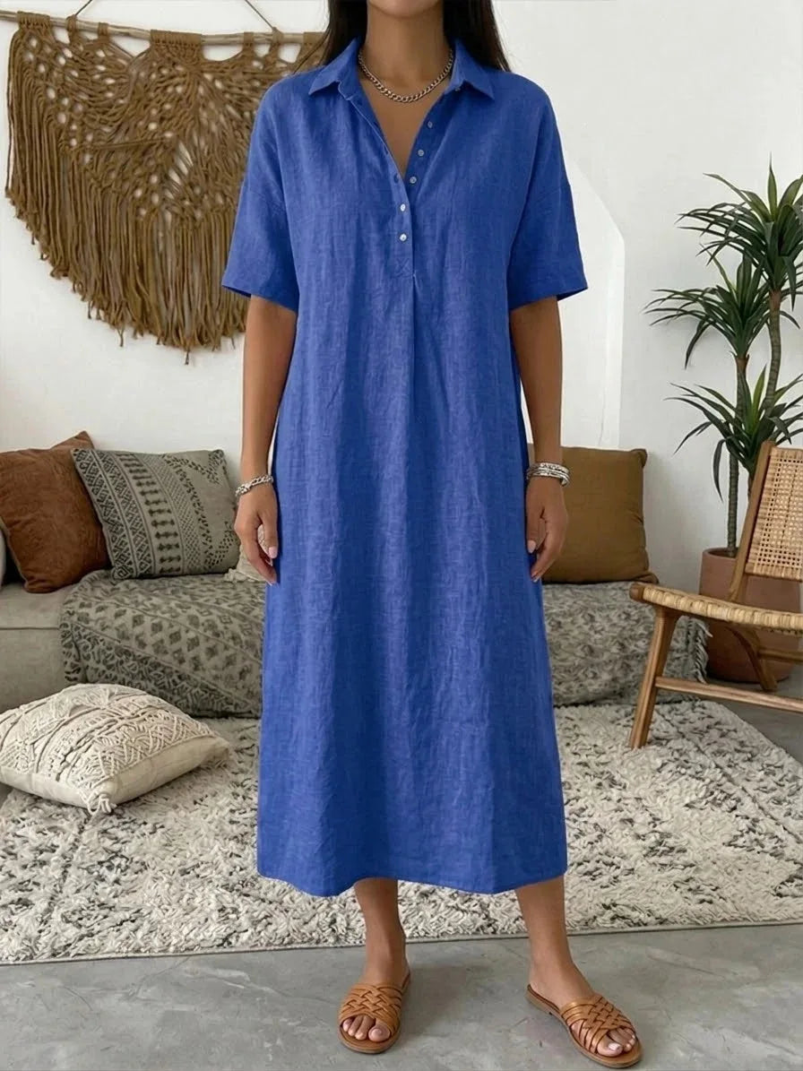 Vestido de linho gola polo, manga curta, corte reto