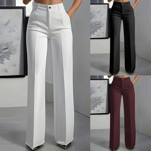 Calça cintura alta drapeada, corte reto, moda europeia