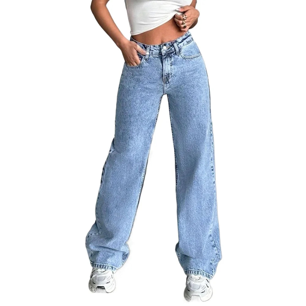 Calça jeans folgada, cintura alta, estética Y2K